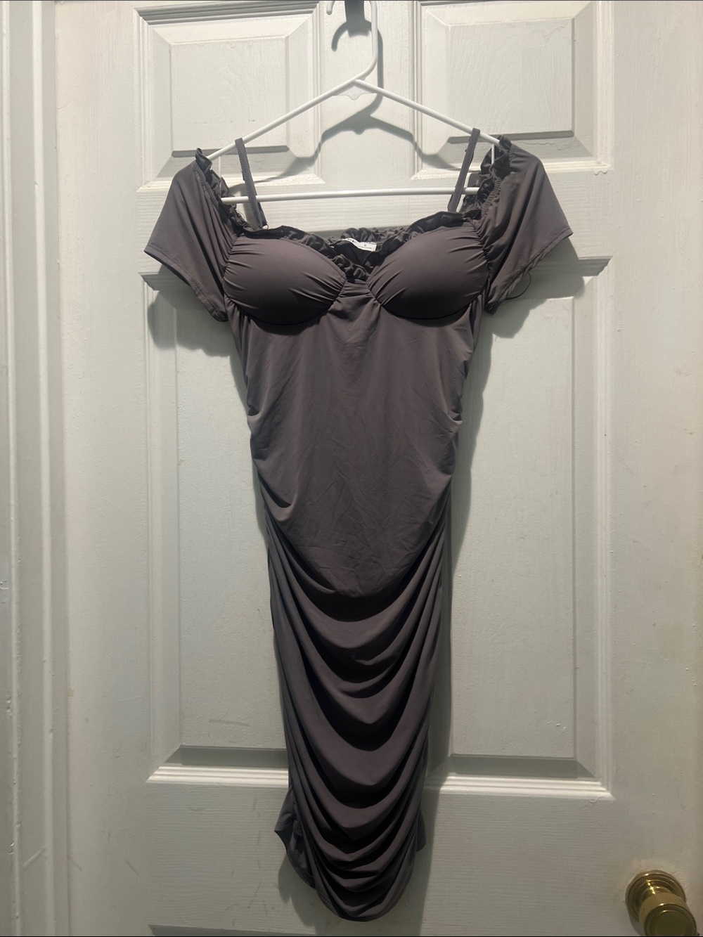 Aster Ruched Off-Shoulder Midi Dress in Light Brown